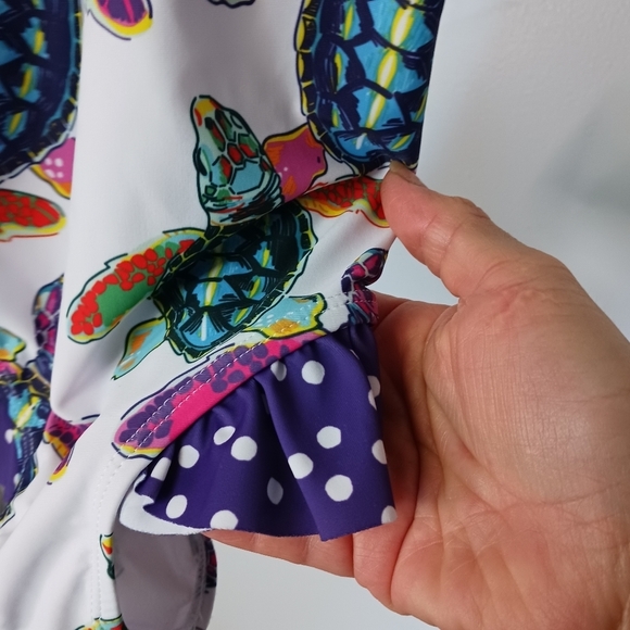Millie Loves Lily, Baby One Piece, Swimsuit, Ruffled UPF 50 Lined Turtles Summer - Picture 4 of 7